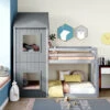Letto A Castello 90x200 Cm Con Scaletta, Tetto E Protezione Anticaduta, Lettino A Soppalco In Pino Massiccio Per Due Bambini, Grigio