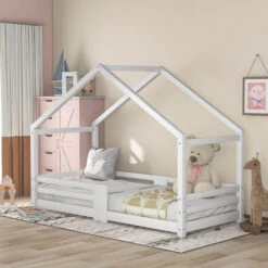 Letto Per Bambini In Legno Di Pino Letto A Capanna Con Rete A Doghe Anticaduta, 90 X 200 Cm Bianco