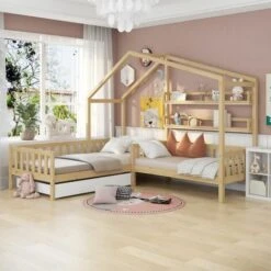Letto Per Bambini 90x200 Cm/140x70 Cm Letto Da Casa Con Cassetti E Ripiani, Letto Da Gioco In Legno Massello Con Recinzione E Rete A Doghe, Naturale -Armonia Casa 65679755 3