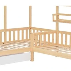 Letto Per Bambini 90x200 Cm/140x70 Cm Letto Da Casa Con Cassetti E Ripiani, Letto Da Gioco In Legno Massello Con Recinzione E Rete A Doghe, Naturale -Armonia Casa 65679755 5