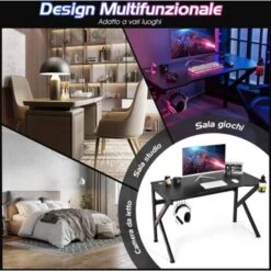 COSTWAY Scrivania Da Gaming 110 Cm, Tavolo Computer A Forma Di K Con Porta Bicchiere E Gancio Per Cuffie, Postazione Gaming Ergonomica Per Casa E Ufficio -Armonia Casa 66095304 3