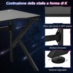 COSTWAY Scrivania Da Gaming 110 Cm, Tavolo Computer A Forma Di K Con Porta Bicchiere E Gancio Per Cuffie, Postazione Gaming Ergonomica Per Casa E Ufficio -Armonia Casa 66095304 4