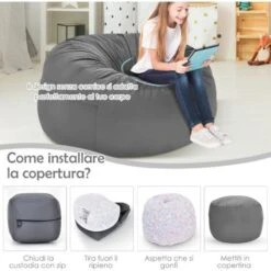RELAX4LIFE Poltrona Sacco, Pouf, Sedile Singolo, Rivestimento Interno E Fodera In Velluto, Imbottitura In Spugna, Per Soggiorno, Camera Da Letto, Ufficio, Grigio, Peso Massimo 150 Kg, 91x91x61 Cm 8 RELAX4LIFE Poltrona Sacco, Pouf, Sedile Singolo, Rivestimento Interno E Fodera In Velluto, Imbottitura In Spugna, Per Soggiorno, Camera Da Letto, Ufficio, Grigio, Peso Massimo 150 Kg, 91x91x61 Cm -Armonia Casa 67415291 4