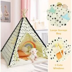 RELAX4LIFE Tenda Indiana Per Bambini, Tenda Da Gioco Con Tappetino Imbottito Morbido, Tenda Da Interno Per Bambini In Tessuto Di Cotone Con Struttura In Legno Di Pino, 120 X 120 X 150 Cm -Armonia Casa 67415452 3