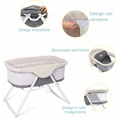 DREAMADE Culla Da Viaggio, Culla Neonato Pieghevole Con Funzione Dondolo,con Borsa Da Trasporto (Grigio) 3 DREAMADE Culla Da Viaggio, Culla Neonato Pieghevole Con Funzione Dondolo,con Borsa Da Trasporto (Grigio) - immagine 3