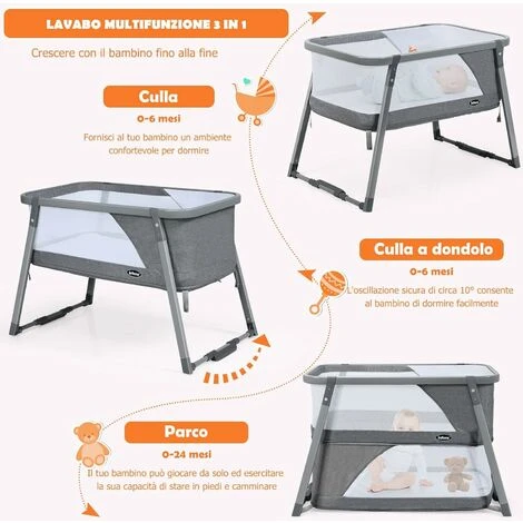 DREAMADE Lettino Da Viaggio 3 In 1 Convertibile In Letto A Dondolo E Letto Da Gioco, Box Culla Neonato Regolabile Con Materasso Per 0 A 24 Mesi, Carico Massimo 22 Kg, Grigio, In Metallo, 107x64x71 Cm 2 DREAMADE Lettino Da Viaggio 3 In 1 Convertibile In Letto A Dondolo E Letto Da Gioco, Box Culla Neonato Regolabile Con Materasso Per 0 A 24 Mesi, Carico Massimo 22 Kg, Grigio, In Metallo, 107x64x71 Cm - immagine 2