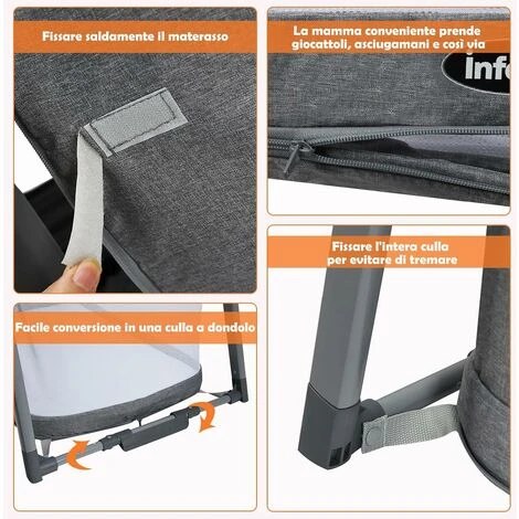 DREAMADE Lettino Da Viaggio 3 In 1 Convertibile In Letto A Dondolo E Letto Da Gioco, Box Culla Neonato Regolabile Con Materasso Per 0 A 24 Mesi, Carico Massimo 22 Kg, Grigio, In Metallo, 107x64x71 Cm 4 DREAMADE Lettino Da Viaggio 3 In 1 Convertibile In Letto A Dondolo E Letto Da Gioco, Box Culla Neonato Regolabile Con Materasso Per 0 A 24 Mesi, Carico Massimo 22 Kg, Grigio, In Metallo, 107x64x71 Cm - immagine 4