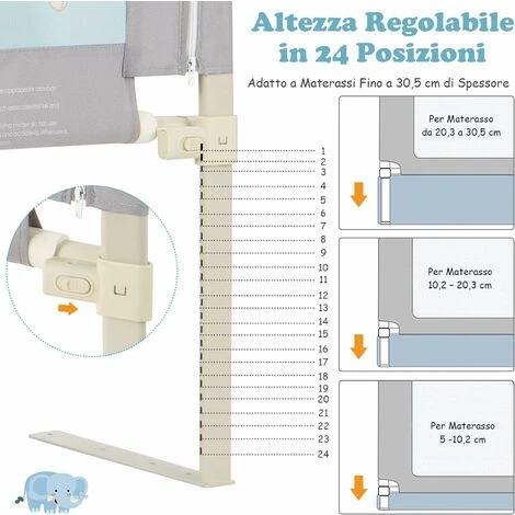 DREAMADE Paraurti Per Letto, Barriera Letto, Protezione Sponda Di Sicurezza Con 24 Altezze Regolabili, Con Doppia Serratura, Barriera Portatile Protettiva, Grigia In Ferro E Tela (175cm Modello1) 2 DREAMADE Paraurti Per Letto, Barriera Letto, Protezione Sponda Di Sicurezza Con 24 Altezze Regolabili, Con Doppia Serratura, Barriera Portatile Protettiva, Grigia In Ferro E Tela (175cm Modello1) - immagine 2