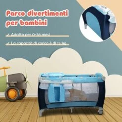 DREAMADE Culla Dondola Per Bambini 0-36 Mesi, Carico 15kg, Con Materasso, Fasciatoio, Zanzariera, Giocattoli Appesi, Cestello, Ruota Con Freno, 120x60x76 Cm, Blu -Armonia Casa 67647513 3
