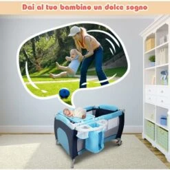 DREAMADE Culla Dondola Per Bambini 0-36 Mesi, Carico 15kg, Con Materasso, Fasciatoio, Zanzariera, Giocattoli Appesi, Cestello, Ruota Con Freno, 120x60x76 Cm, Blu -Armonia Casa 67647513 4