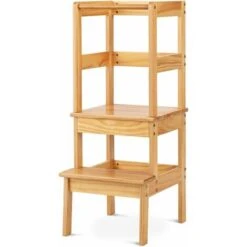 DREAMADE Sedia A Torre Alzabimbo In Legno Di Pino, Sedia Con Poggiapiedi E Barra Anticaduta, Torre Di Apprendimento Con 2 Gradini Per Bambini, Mobile Alzabimbo Per Cameretta/Cucina/Bagno (Naturale)