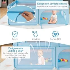 COSTWAY Box Per Bambini, Recinto Per Neonati, Centro Attività Stabile E Atossico, Box Per Interno Ed Esterno Con Palline (Blu) -Armonia Casa 67875631 5