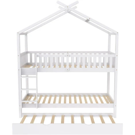 Letto A Castello, Letto Per Bambino Con Estraibile Letto, Tre Letti, In Legno Massello Con Recinzione, 90x200 Cm, Grigio 4 Letto A Castello, Letto Per Bambino Con Estraibile Letto, Tre Letti, In Legno Massello Con Recinzione, 90x200 Cm, Grigio - immagine 4