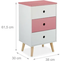 Relaxdays Comodino Per La Cameretta Dei Bambini, Scaffale A 3 Cassetti, HLP 61,5x38x30 Cm, MDF, Legno Pino, Bianco Rosa -Armonia Casa 69659769 4