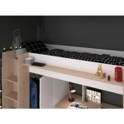 Letto A Soppalco Con Scrivania E Armadio 90 X 200 Cm Bianco E Naturale + Materasso - AUCKLAND -Armonia Casa 69753681 3