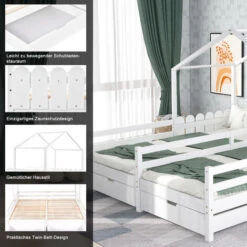 Letto Per Bambini 90x200cm/90x200cm, Casa Letto Per 2 Bambini Con Letto Matrimoniale Diviso, 2 Cassetti Su Rotelle, Protezione Anticaduta E Rete A Doghe In Legno Di Pino, Due Letti Singoli Letti Per R -Armonia Casa 71126885 3