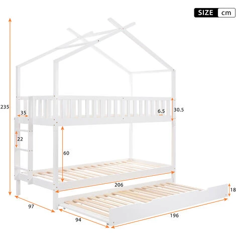 Letto A Castello Per Bambini 90x200 Cm Con In Pino Tre Letti, Allungabile Anticaduta, Bianco 2 Letto A Castello Per Bambini 90x200 Cm Con In Pino Tre Letti, Allungabile Anticaduta, Bianco - immagine 2
