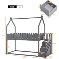 Letto Capanna Per Bambini 90 X 200 Cm Con 3 Gradini E 2 Cassetti, Pino Naturale - Grigio -Armonia Casa 71497517 3