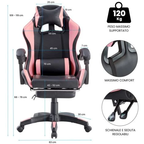 Sedia Gaming Reclinabile Con Poggiapiedi Estraibile Rosa E Nera 2 Sedia Gaming Reclinabile Con Poggiapiedi Estraibile Rosa E Nera - immagine 2