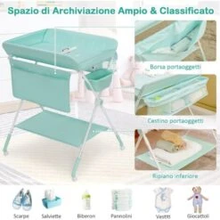COSTWAY Fasciatoio Pieghevole Per Neonati, Tavolo Cambio Pannolini Multifunzionale Portatile Con 3 Altezze Regolabili, Ruote E Vaschetta Per L'acqua, 77 X 67 X 99-104 Cm (Azzurro) -Armonia Casa 72168803 3