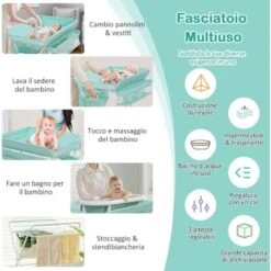 COSTWAY Fasciatoio Pieghevole Per Neonati, Tavolo Cambio Pannolini Multifunzionale Portatile Con 3 Altezze Regolabili, Ruote E Vaschetta Per L'acqua, 77 X 67 X 99-104 Cm (Azzurro) -Armonia Casa 72168803 4