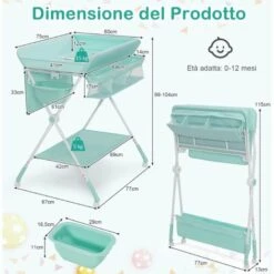 COSTWAY Fasciatoio Pieghevole Per Neonati, Tavolo Cambio Pannolini Multifunzionale Portatile Con 3 Altezze Regolabili, Ruote E Vaschetta Per L'acqua, 77 X 67 X 99-104 Cm (Azzurro) -Armonia Casa 72168803 5