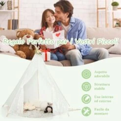 COSTWAY Tenda Teepee Per Bambini Con Fili Luminosi Colorati, Tettuccio A 5 Lati, Tenda Indiana Per Interni E Esterni, Tenda Da Gioco Per Picnic E Spiaggia, 120 X 120 X 140 Cm, Bianco -Armonia Casa 72524882 3