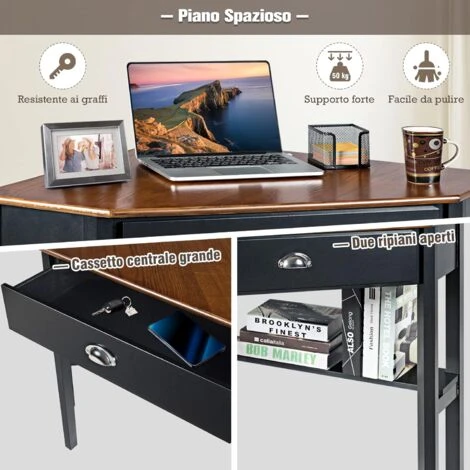 COSTWAY Scrivania Angolare In Legno Per Computer, Scrivania Porta PC Cassetto E Ripiano, Scrivania Salvaspazio E Moderna Per Ufficio E Studio, Marrone 2 COSTWAY Scrivania Angolare In Legno Per Computer, Scrivania Porta PC Cassetto E Ripiano, Scrivania Salvaspazio E Moderna Per Ufficio E Studio, Marrone - immagine 2