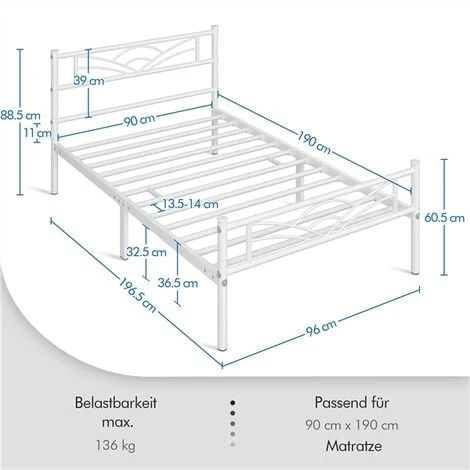 Yaheetech Struttura Letto Singolo In Ferro Con Spazio Aggiuntivo Per Camera Da Letto Ospiti Soggiorno 90 X 190 Cm Bianco 2 Yaheetech Struttura Letto Singolo In Ferro Con Spazio Aggiuntivo Per Camera Da Letto Ospiti Soggiorno 90 X 190 Cm Bianco - immagine 2