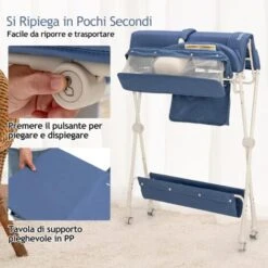 COSTWAY Fasciatoio Pieghevole Con Ruote, Regolabile In Altezza, Fasciatoio Portatile Con Cintura Di Sicurezza E Piccolo Bacinella, 2 Portaoggetti Borsa E Ripiano, Fasciatoio Neonato 0-6 Mesi (Blu) -Armonia Casa 76334696 4