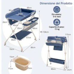 COSTWAY Fasciatoio Pieghevole Con Ruote, Regolabile In Altezza, Fasciatoio Portatile Con Cintura Di Sicurezza E Piccolo Bacinella, 2 Portaoggetti Borsa E Ripiano, Fasciatoio Neonato 0-6 Mesi (Blu) -Armonia Casa 76334696 5