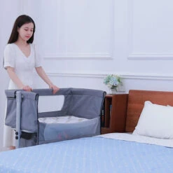 2 In 1 Culla Neonato Da Comodino, Culla Da Comodino, Lettino Da Gioco, Con 4 Ruote, Regolabile In Altezza, 93x57x71-88cm Grigio -Armonia Casa 76374890 3