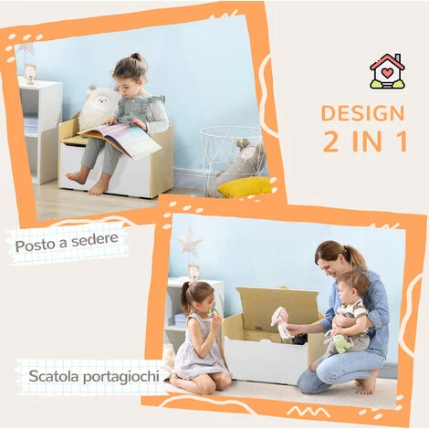 HOMCOM Panca Contenitore Portagiochi Per Bambini In Legno, 62.5x34x61.5cm, Bianco 4 HOMCOM Panca Contenitore Portagiochi Per Bambini In Legno, 62.5x34x61.5cm, Bianco - immagine 4