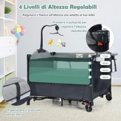 COSTWAY Culla Da Campeggio 5 In 1, Co-Sleeping AItezze Regolabili, Lettino Da Campeggio Con Fasciatoio, Box Bambini Pieghevole E Ingresso Laterale, Giocattolo Appeso, Ruote E Freni (Nero) -Armonia Casa 77786600 4