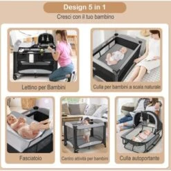 COSTWAY Lettino Neonato Box Bambini Con Culla E Fasciatoio, Lettino Da Campeggio Pieghevole Con Materassino, Ruote, Baldacchino Giocattoli Pendenti, Fino A 15 Kg (Grigio-Nero) -Armonia Casa 77786608 2