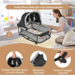 COSTWAY Lettino Neonato Box Bambini Con Culla E Fasciatoio, Lettino Da Campeggio Pieghevole Con Materassino, Ruote, Baldacchino Giocattoli Pendenti, Fino A 15 Kg (Grigio-Nero) -Armonia Casa 77786608 3