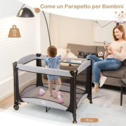 COSTWAY Lettino Neonato Box Bambini Con Culla E Fasciatoio, Lettino Da Campeggio Pieghevole Con Materassino, Ruote, Baldacchino Giocattoli Pendenti, Fino A 15 Kg (Grigio-Nero) -Armonia Casa 77786608 4