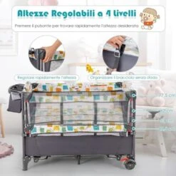 COSTWAY Culla Da Campeggio 5 In 1, Co-Sleeping AItezze Regolabili, Lettino Da Campeggio Con Fasciatoio, Box Bambini Pieghevole E Ingresso Laterale, Giocattolo Appeso, Ruote E Freni (Grigio) -Armonia Casa 77786611 3