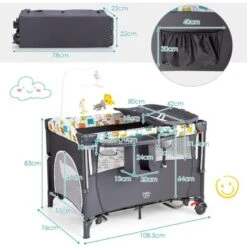 COSTWAY Culla Da Campeggio 5 In 1, Co-Sleeping AItezze Regolabili, Lettino Da Campeggio Con Fasciatoio, Box Bambini Pieghevole E Ingresso Laterale, Giocattolo Appeso, Ruote E Freni (Grigio) -Armonia Casa 77786611 5