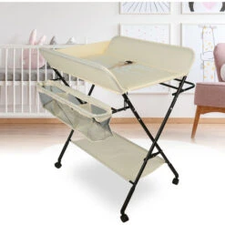 Fasciatoio Pieghevole, Fasciatoio Con Cestello Portaoggetti, Avolo Cambio Pannolini Portatile，cintura Di Sicurezza E 4 Ruote Con Freno, Altezza Regolabile 806698 Cm (colore Crema) -Armonia Casa 78201548 4