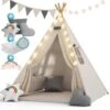 Spielwerk Tenda Da Gioco Per Bambini Teepee 120x120x160cm Incl. Catena Luci A LED Materassino Morbido Da 2,5cm 3 Cuscini In Varie Forme Cotone & Legno Con Custodia Per Trasporto Bianco
