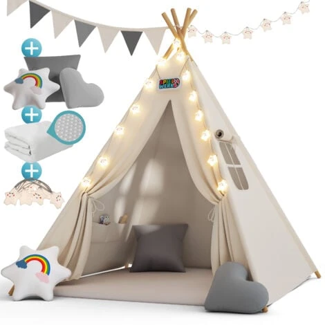 Spielwerk Tenda Da Gioco Per Bambini Teepee 120x120x160cm Incl. Catena Luci A LED Materassino Morbido Da 2,5cm 3 Cuscini In Varie Forme Cotone & Legno Con Custodia Per Trasporto Bianco 1 Spielwerk Tenda Da Gioco Per Bambini Teepee 120x120x160cm Incl. Catena Luci A LED Materassino Morbido Da 2,5cm 3 Cuscini In Varie Forme Cotone & Legno Con Custodia Per Trasporto Bianco