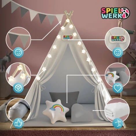 Spielwerk Tenda Da Gioco Per Bambini Teepee 120x120x160cm Incl. Catena Luci A LED Materassino Morbido Da 2,5cm 3 Cuscini In Varie Forme Cotone & Legno Con Custodia Per Trasporto Bianco 2 Spielwerk Tenda Da Gioco Per Bambini Teepee 120x120x160cm Incl. Catena Luci A LED Materassino Morbido Da 2,5cm 3 Cuscini In Varie Forme Cotone & Legno Con Custodia Per Trasporto Bianco - immagine 2