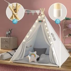 Spielwerk Tenda Da Gioco Per Bambini Teepee 120x120x160cm Incl. Catena Luci A LED Materassino Morbido Da 2,5cm 3 Cuscini In Varie Forme Cotone & Legno Con Custodia Per Trasporto Bianco 7 Spielwerk Tenda Da Gioco Per Bambini Teepee 120x120x160cm Incl. Catena Luci A LED Materassino Morbido Da 2,5cm 3 Cuscini In Varie Forme Cotone & Legno Con Custodia Per Trasporto Bianco -Armonia Casa 79019615 3