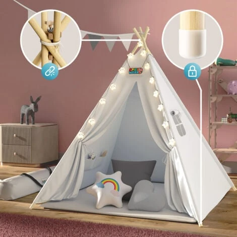 Spielwerk Tenda Da Gioco Per Bambini Teepee 120x120x160cm Incl. Catena Luci A LED Materassino Morbido Da 2,5cm 3 Cuscini In Varie Forme Cotone & Legno Con Custodia Per Trasporto Bianco 3 Spielwerk Tenda Da Gioco Per Bambini Teepee 120x120x160cm Incl. Catena Luci A LED Materassino Morbido Da 2,5cm 3 Cuscini In Varie Forme Cotone & Legno Con Custodia Per Trasporto Bianco - immagine 3