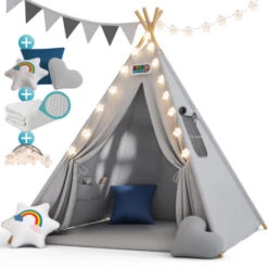 Spielwerk Tenda Da Gioco Per Bambini Teepee 120x120x160cm Incl. Catena Luci A LED Materassino Morbido Da 2,5cm 3 Cuscini In Varie Forme Cotone & Legno Con Custodia Per Trasporto Blu