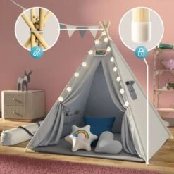 Spielwerk Tenda Da Gioco Per Bambini Teepee 120x120x160cm Incl. Catena Luci A LED Materassino Morbido Da 2,5cm 3 Cuscini In Varie Forme Cotone & Legno Con Custodia Per Trasporto Blu 7 Spielwerk Tenda Da Gioco Per Bambini Teepee 120x120x160cm Incl. Catena Luci A LED Materassino Morbido Da 2,5cm 3 Cuscini In Varie Forme Cotone & Legno Con Custodia Per Trasporto Blu -Armonia Casa 79019628 3