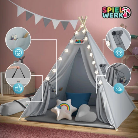 Spielwerk Tenda Da Gioco Per Bambini Teepee 120x120x160cm Incl. Catena Luci A LED Materassino Morbido Da 2,5cm 3 Cuscini In Varie Forme Cotone & Legno Con Custodia Per Trasporto Blu 4 Spielwerk Tenda Da Gioco Per Bambini Teepee 120x120x160cm Incl. Catena Luci A LED Materassino Morbido Da 2,5cm 3 Cuscini In Varie Forme Cotone & Legno Con Custodia Per Trasporto Blu - immagine 4