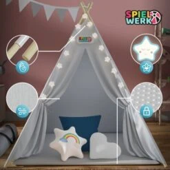 Spielwerk Tenda Da Gioco Per Bambini Teepee 120x120x160cm Incl. Catena Luci A LED Materassino Morbido Da 2,5cm 3 Cuscini In Varie Forme Cotone & Legno Con Custodia Per Trasporto Blu 9 Spielwerk Tenda Da Gioco Per Bambini Teepee 120x120x160cm Incl. Catena Luci A LED Materassino Morbido Da 2,5cm 3 Cuscini In Varie Forme Cotone & Legno Con Custodia Per Trasporto Blu -Armonia Casa 79019628 5