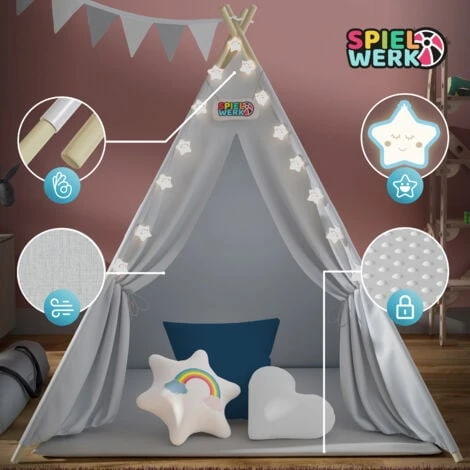 Spielwerk Tenda Da Gioco Per Bambini Teepee 120x120x160cm Incl. Catena Luci A LED Materassino Morbido Da 2,5cm 3 Cuscini In Varie Forme Cotone & Legno Con Custodia Per Trasporto Blu 5 Spielwerk Tenda Da Gioco Per Bambini Teepee 120x120x160cm Incl. Catena Luci A LED Materassino Morbido Da 2,5cm 3 Cuscini In Varie Forme Cotone & Legno Con Custodia Per Trasporto Blu - immagine 5